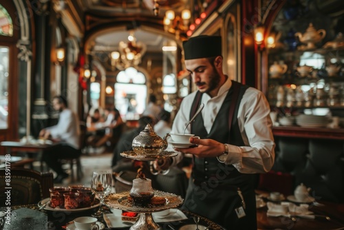 Waiter serving Turkish style tea in Istanbul, turkey