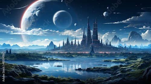 On the surface of a ringed planet, settlers construct vast cities suspended in the air by anti-gravity technology, their towering spires reaching towards the heavens as they defy the laws of physics.