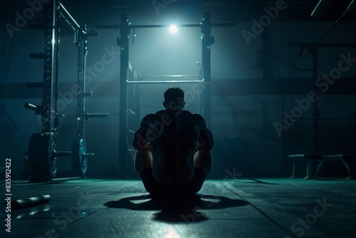 One man, body builder sitting alone in dark gym, training with barbell 