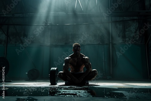 One man, body builder sitting alone in dark gym, training with barbell