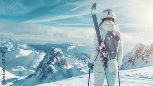 Female skier standing on a hill and carrying her skies on a snowcapped mountain ski resort