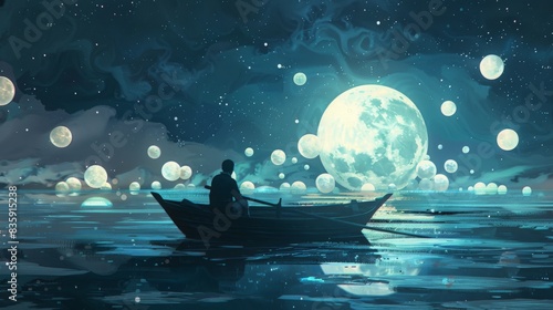 Night scenery of a man rowing a boat among many glowing moons floating on the sea, digital art style, illustration painting