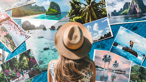 Social media influencer with a collage of travel images showing her adventures around the globe. The woman is wearing a floppy hat.
