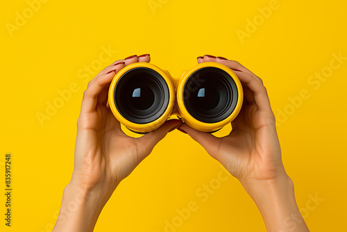 Female hands holding binoculars on a yellow background, representing exploration and curiosity concept. Generative AI