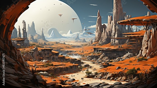 On the surface of a barren planet, settlers establish a colony within the hollowed-out remains of a massive asteroid, their domed habitats offering protection from the harsh cosmic environment.