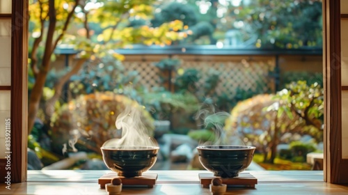 A tranquil tea house serving steaming bowls of miso soup, with a serene garden view, emphasizing calm and relaxation. --ar 16:9 --style raw Job ID: 0a652f86-9d66-499d-9175-2bce419c636d
