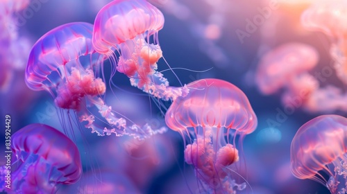 Close-up of several pink and purple jellyfish swimming in an aquarium. jellyfish background