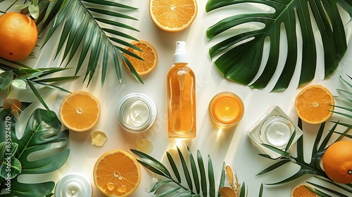 Generate a flat lay design of a refreshing facial mist, moisturizer, and aloe vera gel