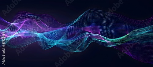 Abstract vector background with wavy lines and dots, in the style of purple blue green color on a dark black gradient, illustrating the digital data flow concept, big Data technology illustration set 