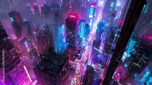 A digital painting of a cyberpunk city at night. The city is full of tall buildings, neon lights, and flying cars. The image is dark and moody, with a hint of danger.