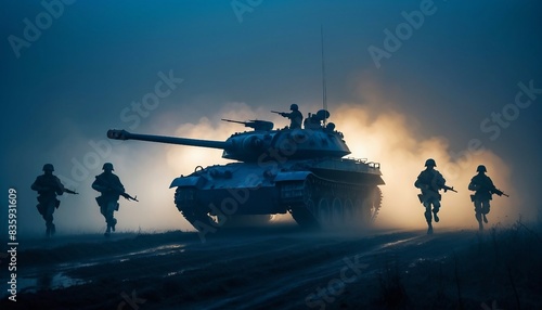 silhouette of war tank and soldiers advancing in heavy foggy sunrise 