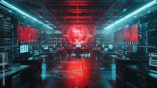 Digital fortress shielding an array of computers from cyber threats, with a scifi resonance