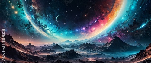 An alien world panorama depicting a vivid, surreal landscape under a star-filled sky with visible distant planets and nebulae.
