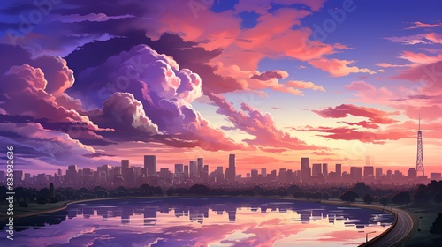 A panoramic skyline view at dusk, with towering skyscrapers illuminated against the twilight sky, showcasing the modernity of the cityscape. Painting Illustration style, Minimal and Simple,
