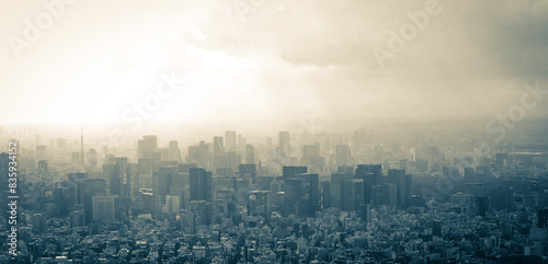 東京の街並みと東京タワー、東京の町並みとビジネス街、東京の町並みの上空撮影
