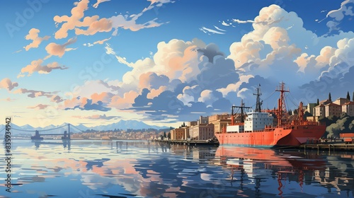 A bustling city harbor with towering cranes, cargo ships, and waterfront promenades, showcasing the industrial and maritime aspects of urban life. Painting Illustration style, Minimal and Simple,