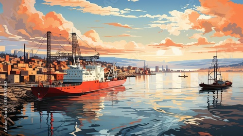 A bustling city harbor with towering cranes, cargo ships, and waterfront promenades, showcasing the industrial and maritime aspects of urban life. Painting Illustration style, Minimal and Simple,