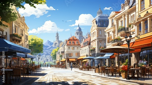 A vibrant city square with outdoor cafes, cultural festivals, and live performances, serving as a gathering place for residents and tourists alike. Painting Illustration style, Minimal and Simple,