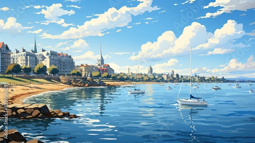 A bustling city waterfront with scenic promenades, waterfront restaurants, and recreational activities, offering a picturesque setting for leisure and relaxation. Painting Illustration style, Minimal