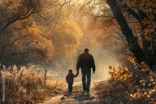 A father-son duo takes a leisurely stroll through the forest, enjoying nature's beauty