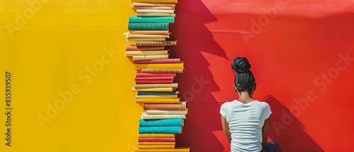 A woman with a bun hairstyle sits against a vibrant background of colorful rolled posters arranged vertically against a yellow and red wall.