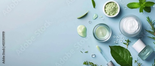 Natural skincare products with fresh green leaves, cream, and essential oils on a light blue background for healthy beauty care.