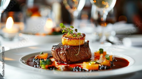 A close-up of an elegantly plated dish at a fine dining restaurant