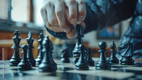 A person playing a game of chess on a classic wooden chessboard