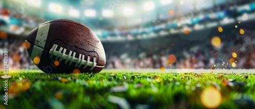 Close-up of an American football on a vibrant green field under bright stadium lights, capturing the energy and excitement of the game.