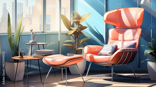 Varied seating options such as bean bags and standing desks, catering to diverse work preferences and postures. Painting Illustration style, Minimal and Simple,