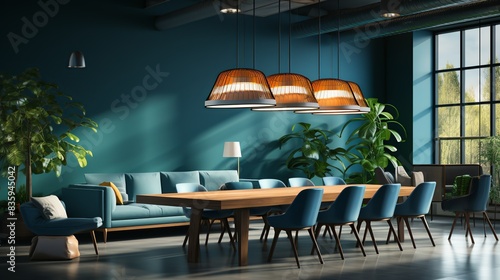 Stylish pendant lighting fixtures illuminating a communal meeting area, facilitating brainstorming sessions and discussions. Painting Illustration style, Minimal and Simple,