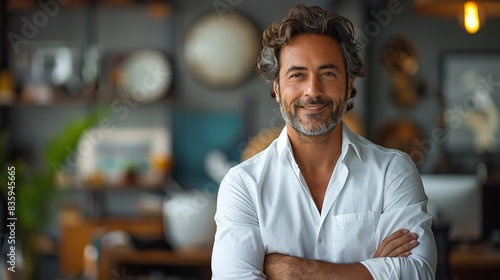 formal business male portrait confident successful indian businessman or manager in white shirt stands near his work desk in the office arms crossed looks directly at camera .stock illustration