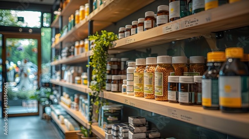 Diverse Selection of Natural Supplements and Organic Health Foods on Wooden Shelves in a Nutrition Shop