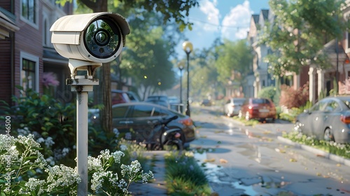 A white CCTV camera mounted on a pole in a front yard, with a background of a residential street with trees and buildings, and cars parked at house doors.