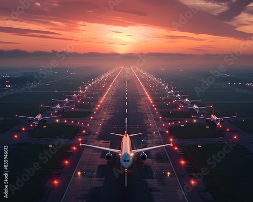 Early Morning Airport Runway Filled with Planes Awaiting Takeoff at Dawn