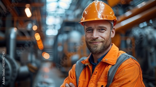 portrait of smiling professional heavy industry engineer worker wearing safety uniform and hard hat .stock illustration
