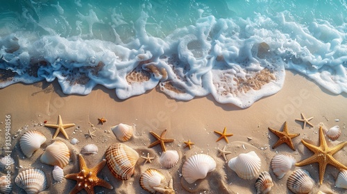 Sea beach with sand, sea waves, shells and star fish on tropical island. beach with sandy seashore, transparent blue water surface. Paradise island, exotic tropical