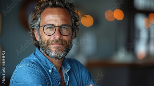 creative confident and successful male entrepreneur in blue shirt and black glasses with beard crossing hands on chest and smiling with pleased happy expression .stock photo