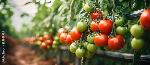 Growing red and green tomatoes in a garden greenhouse close up The concept of farming and gardening. Creative banner. Copyspace image