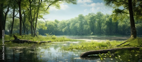 summer landscape deadwood in the swamp and duckweed in the water near the shore. Creative banner. Copyspace image