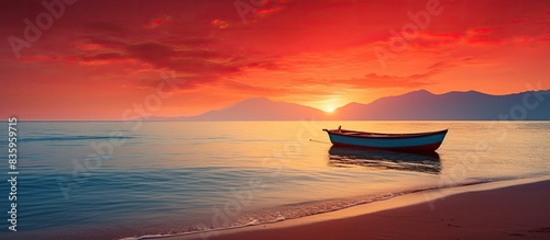 Red boat on the beach in sun rise. Creative banner. Copyspace image