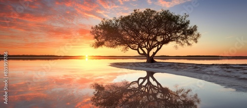 Stunning sunrise reflecting in the waters at the Yas Beach in Abu Dhabi with a mangrove tree in the mid ground. Creative banner. Copyspace image