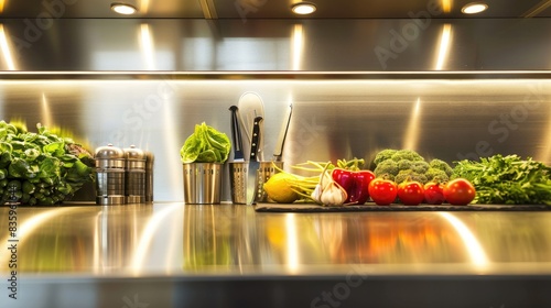 The picture shows a clean and organized kitchen counter. There are various fresh vegetables, a knife, and a cutting board on the counter. The counter is made of stainless steel and is spotlessly clean
