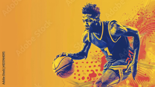 basketball player in mid-action, intensely dribbling the ball yellow and orange background.
