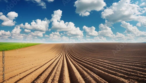 Furrows a plowed field prepared for planting crops in spring. Horizontal view landscape with clouds on blue sky in perspective. Agriculture sowing seeds and cultivating field on sunny day. 