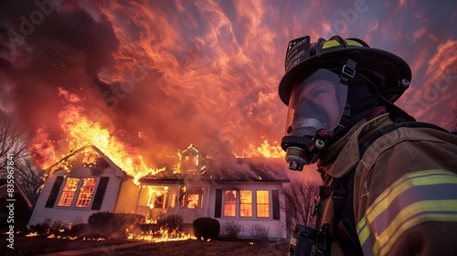 First person view of a firefighter in action, capturing the intensity and color of the house