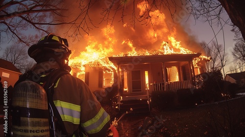 First person view of a firefighter in action, capturing the intensity and color of the house