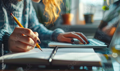 Student writing notes from online class on notebook with laptop, studying e-learning course, planning business event, making to-do list reminder