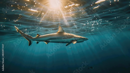 A sleek blacktip shark swimming near the surface of the ocean, with sunlight creating a dazzling effect on the water