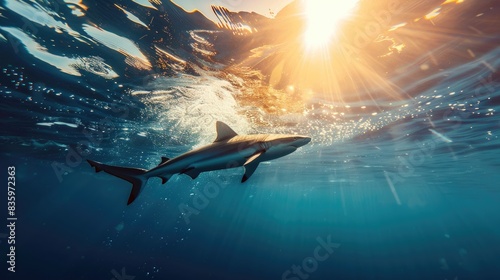 A sleek blacktip shark swimming near the surface of the ocean, with sunlight creating a dazzling effect on the water